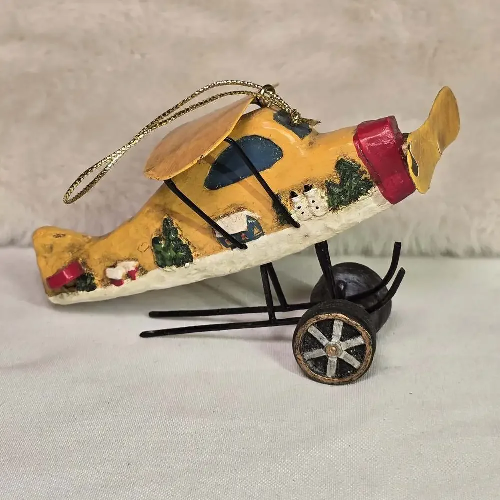 Vintage Hand-Painted Airplane Ornament Rustic Yellow Winter Scene Folk Art Xmas